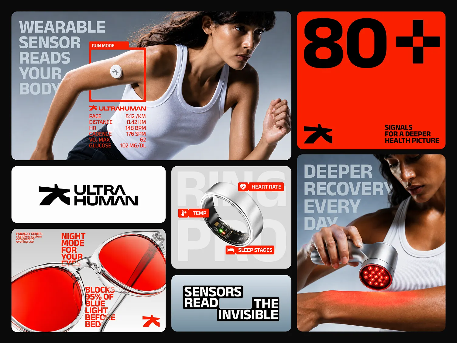Bold marketing creative collage for a wearable health brand — performance metrics, product shots, and campaign panels