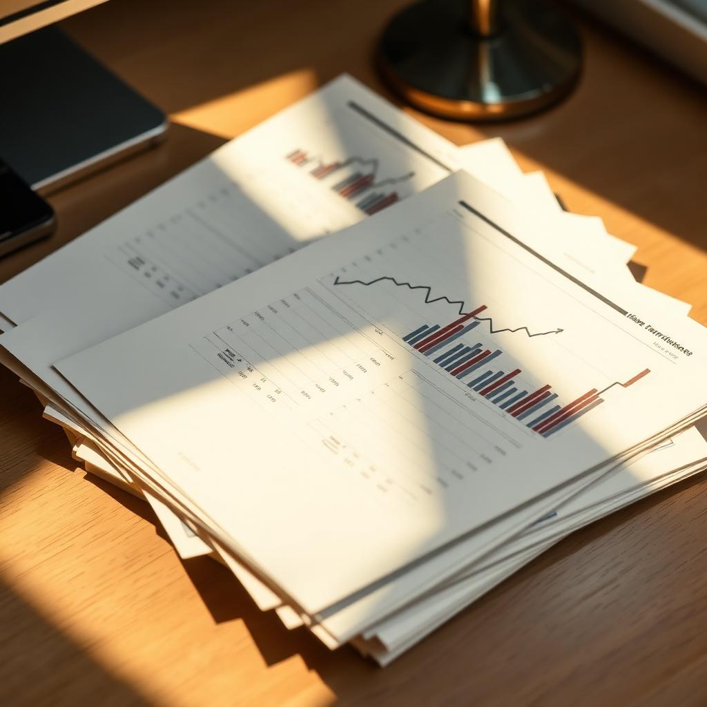 Printed analytics reports on a desk in warm light