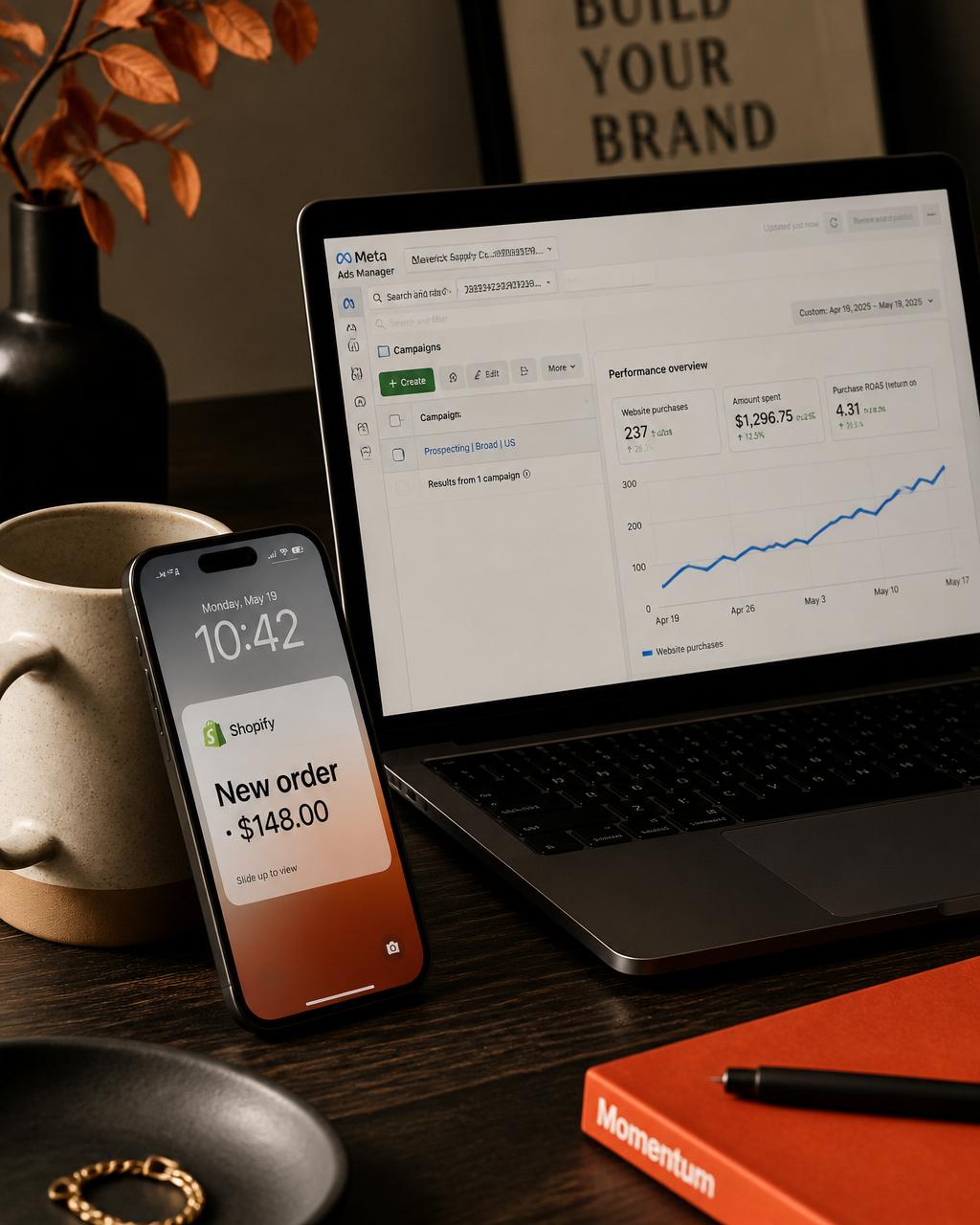Shopify order notification next to a Meta Ads dashboard