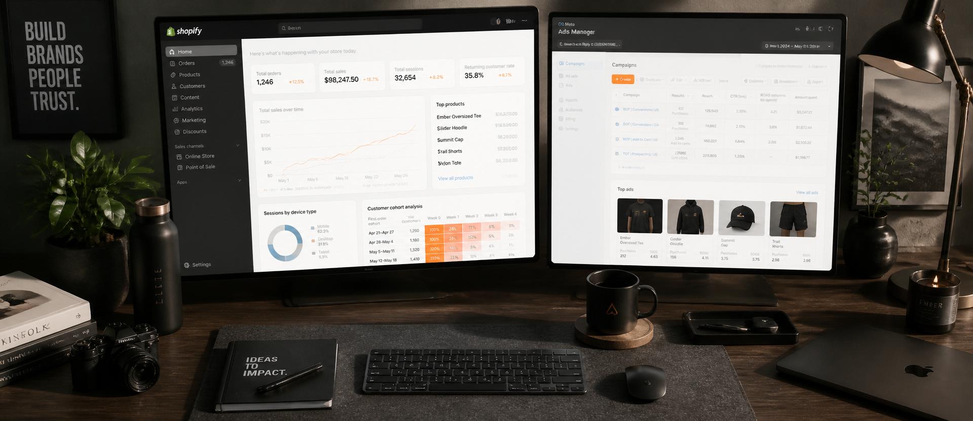 Shopify admin and Meta Ads Manager on a designer's desk