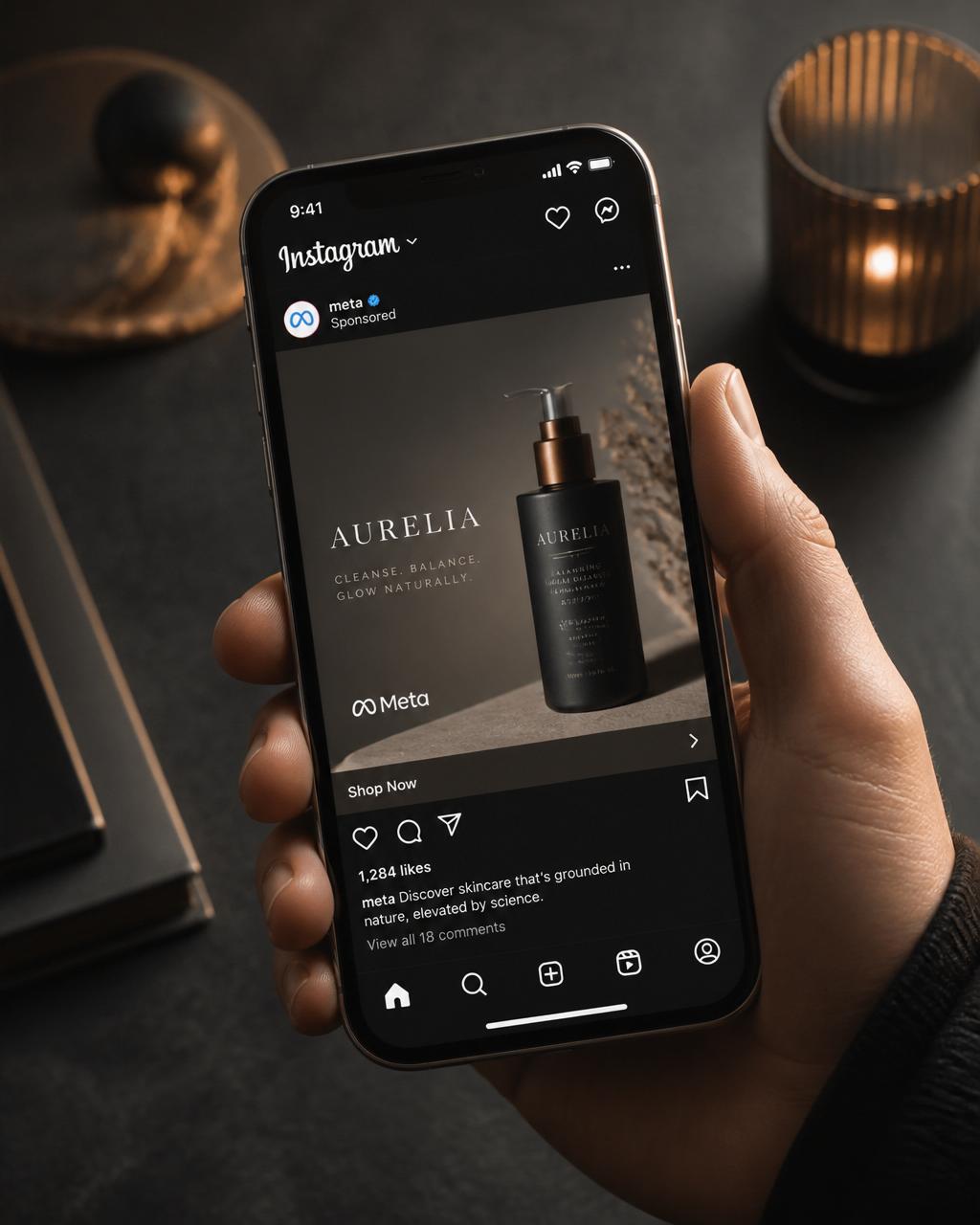 Instagram feed showing a Meta ad for a skincare ecommerce product